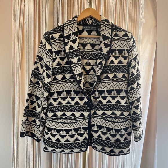 New Identity Black & White Patterned Cotton Jacket silver button southwestern - Picture 9 of 10